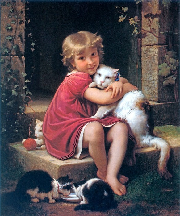 HER FAVORITE PET SMILING GIRL WITH CAT KITTENS PAINTING BY LEON PERRAULT REPRO