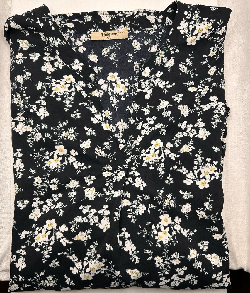 Timeson Women’s V-Neck Black Floral Blouse XXL
