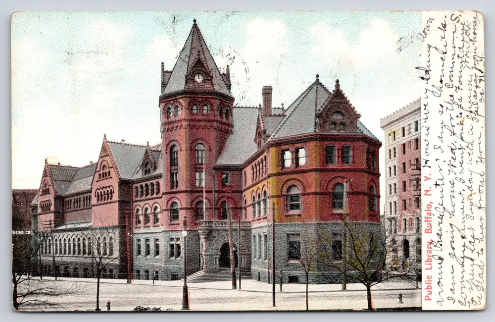 Buffalo NY~Public Library St View~Clock Tower~Romanesque Revival~1909 Postcard
