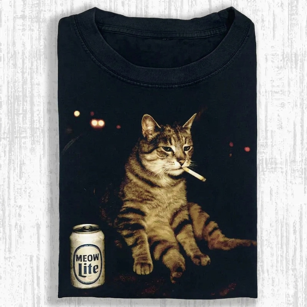 Meow Lite Smoking Cat Meme Graphic T-Shirt Retro Funny Cat Design Oversized