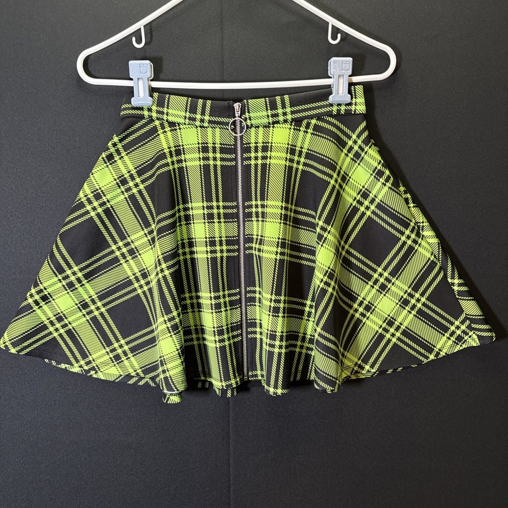 Hot Topic Womens Zip Up Skater Skirt Size XS Green Plaid Goth Punk Schoolgirl