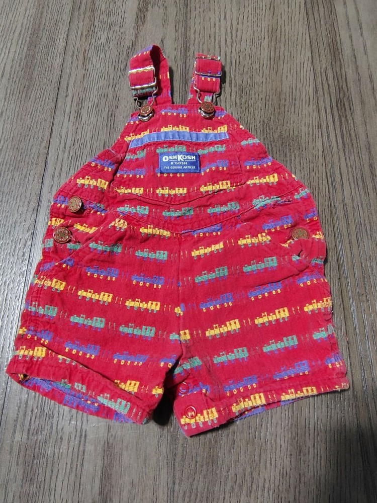 Vintage Oshkosh B’gosh Overalls Shortalls Trains Baby Boy Size 3/6M USA Made