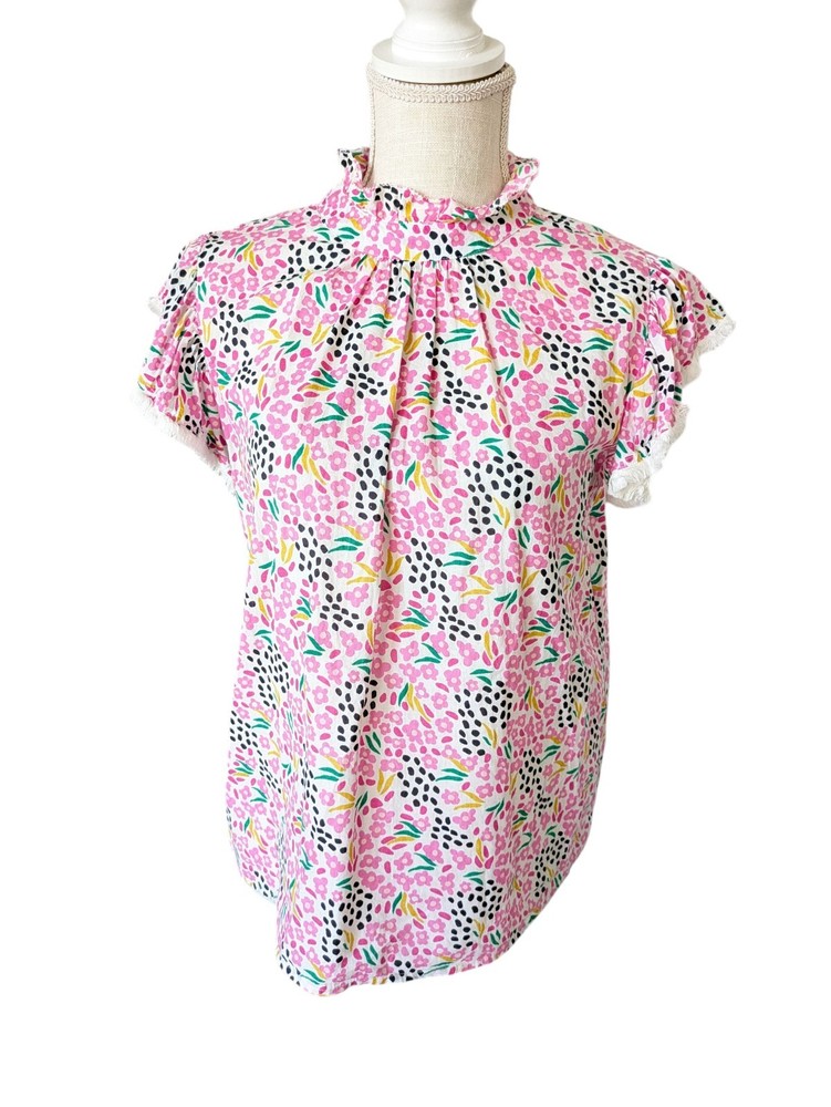 THML Top Women's S Multicolor Colorful Short Sleeve Boho 100% Cotton High Neck