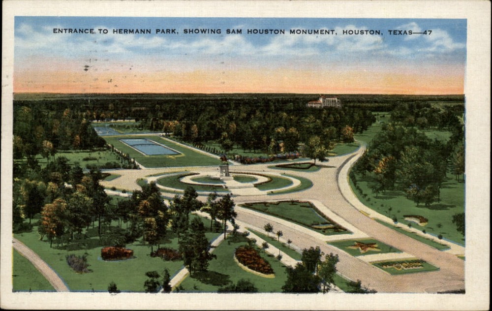 Houston Texas Sam Houston Monument Hermann Park mailed 1934 linen postcard