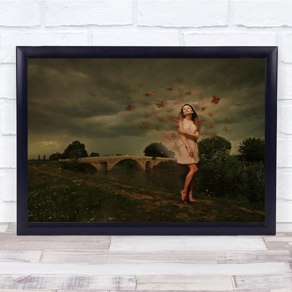 Fantasy Dreaming Woman Near Bridge with Butterflies Wall Art Print