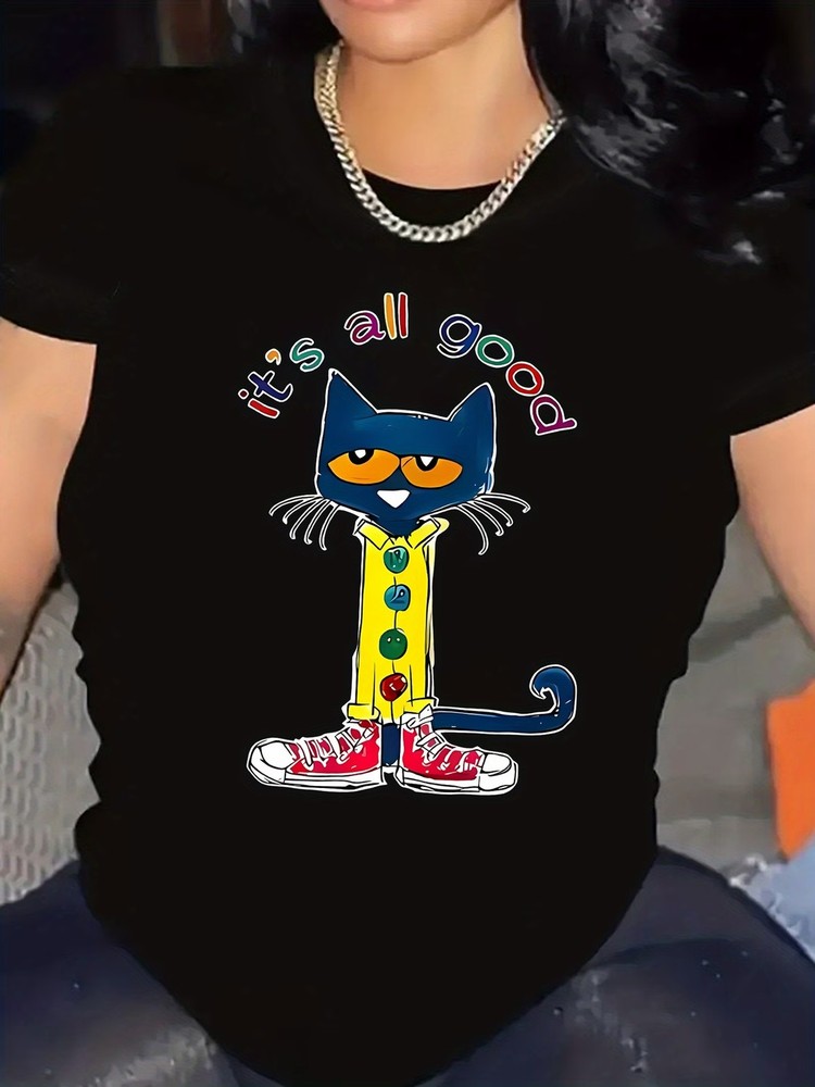 Funny Cartoon Cat Print Crew Neck T-Shirt