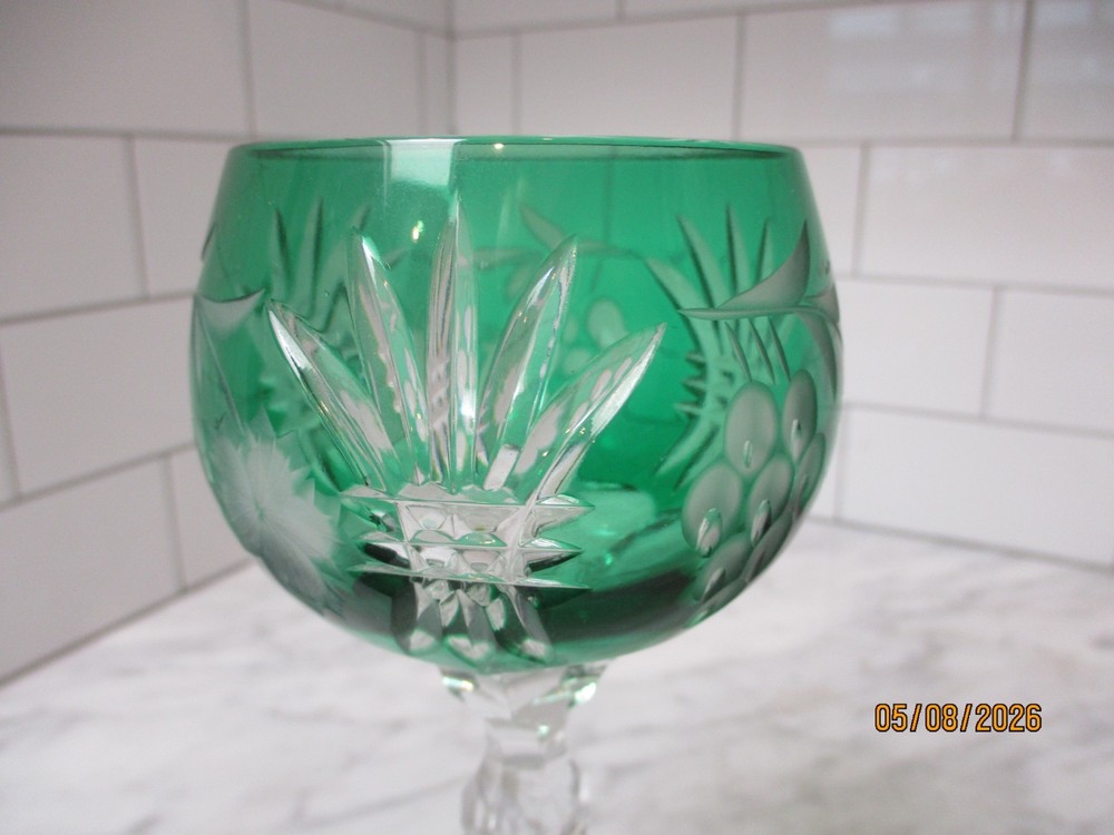 AJKA Emerald MARTISA Hock Wine Goblet Glass Cut to Clear Grape Pattern Hungary