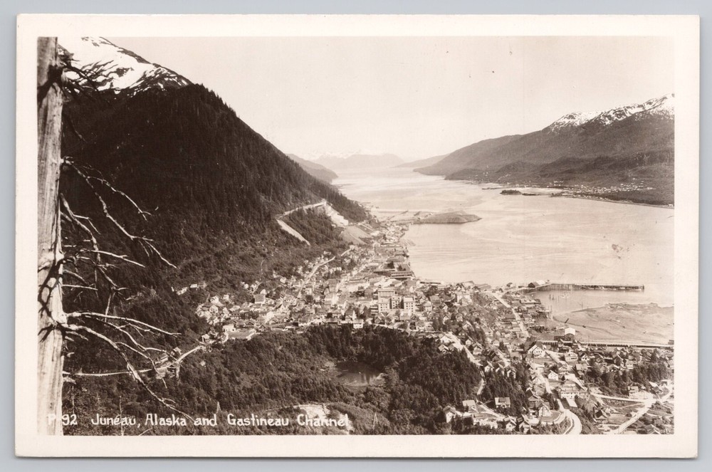 RPPC Juneau Alaska and Gastineau Channel c1940s Aerial View Real Photo Postcard