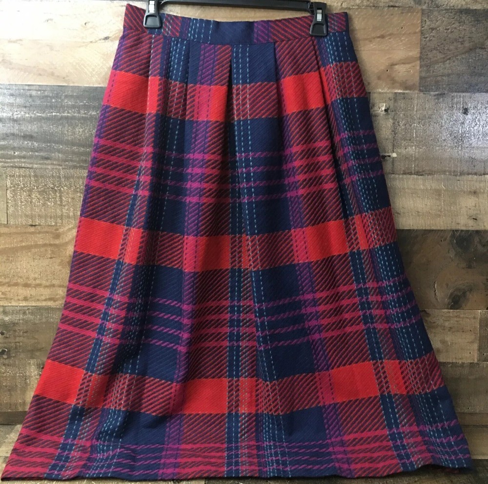 Women Plaid Skirt 13/14 Wool Blend MIDI Academia School Secretary Waist  28”VTG