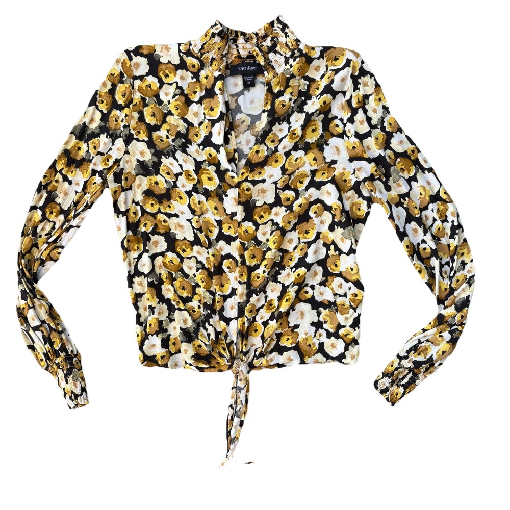 Karen Kane Yellow Floral Blouse Long Sleeve Waist Tie Medium