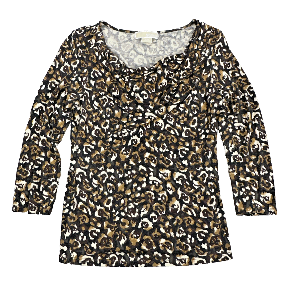 Michael Kors Women's Cowl Neck Blouse Cheetah Print 3/4 Sleeves Size S Chic