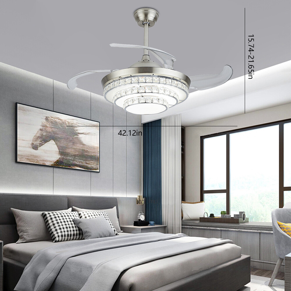 42-Inch Crystal LED Chandelier Ceiling Fan with Remote Control and Hidden Blades