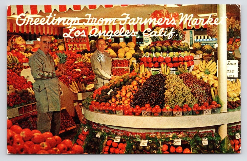 1950s~Los Angeles Farmers Market Produce Fruit Stand~LA California CA Postcard
