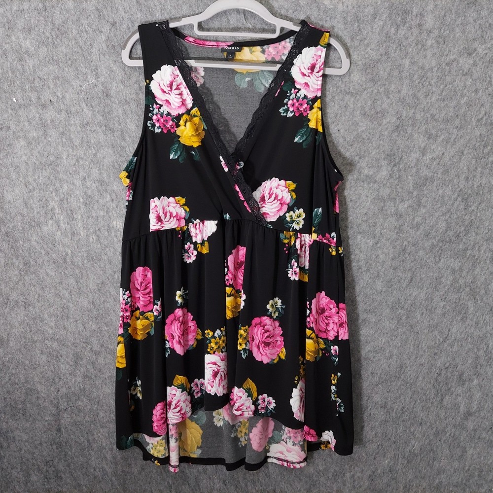Torrid Women Babydoll Top 1 1X Black Boho Lace Trim Floral High Low Fairycore