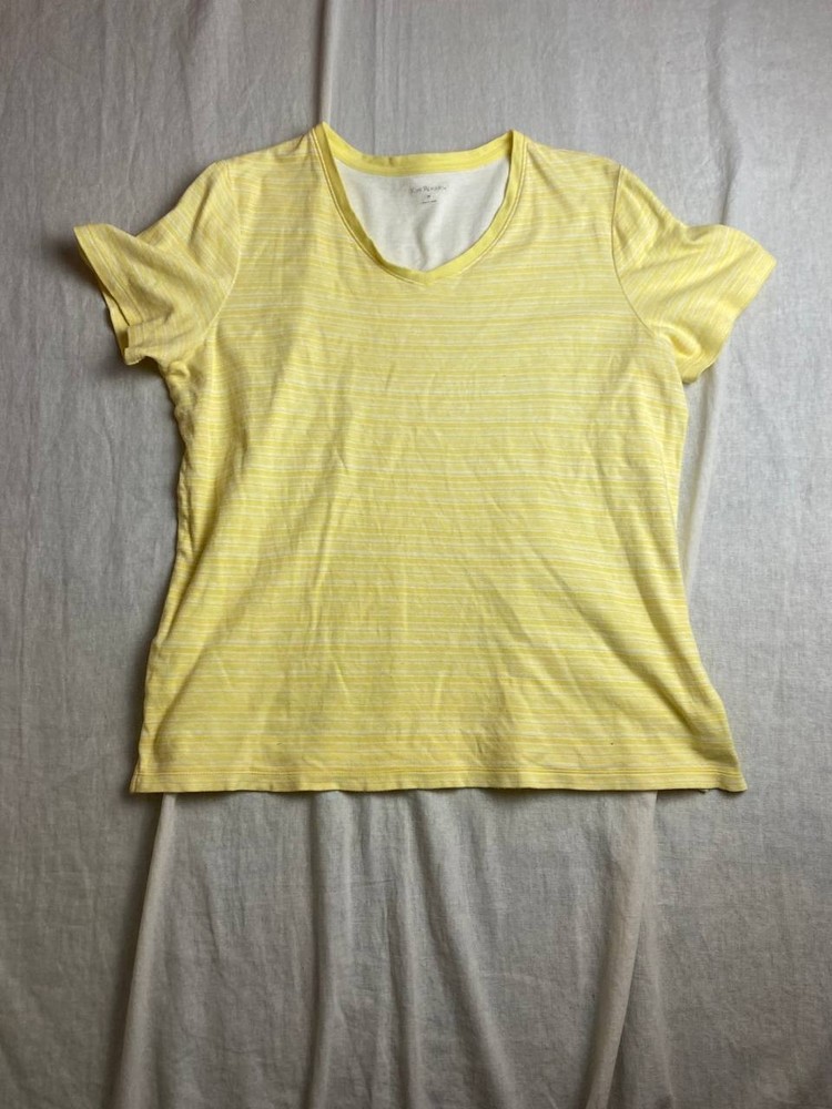 Kim Rogers T-shirt Womens Medium Yellow Striped Short Sleeve V-Neck Cotton