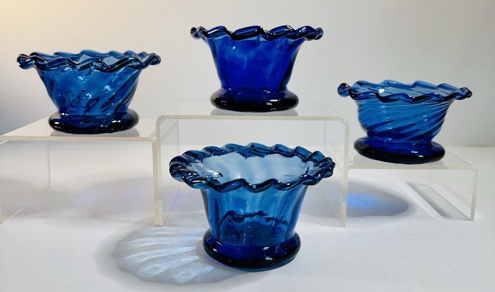 Set of 4 Cobalt Blue Hand Blown Glass Bowls Ruffled Edge Trinket Dishes Vintage