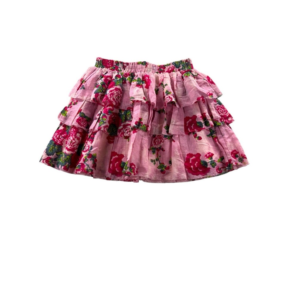 Love Shack Fancy Brynlee Tiered Ruffle Mini Skirt Size Small Pink Desert Floral