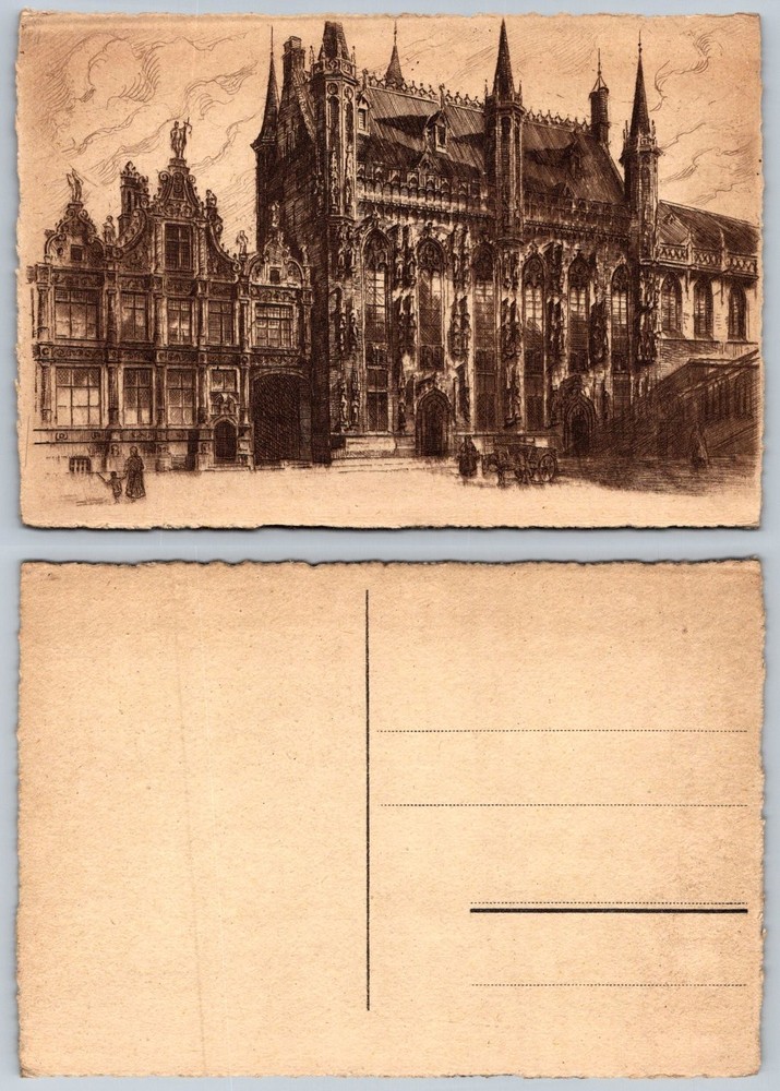 Bruges Belgium Town Hall Etching Art Postcard c1910 Gothic Architecture