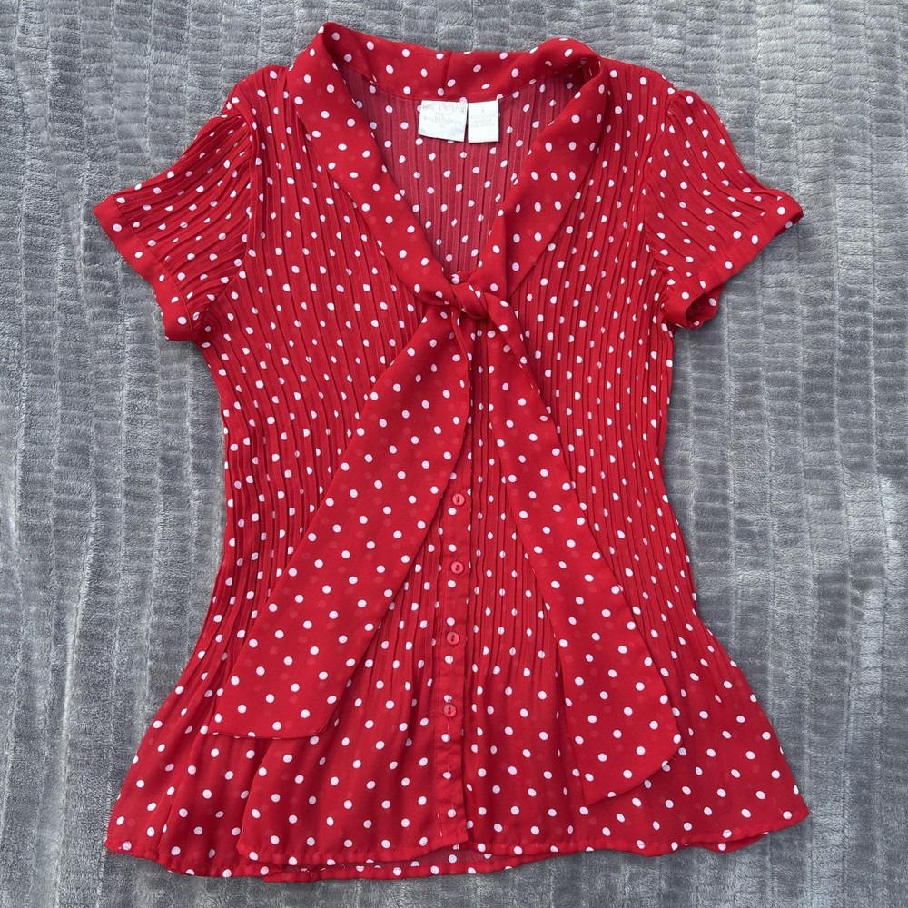 VTG 90s Tailor by B Moss Red Pleated Polka Dot Tie Neck Blouse Shirt Top S Y2K