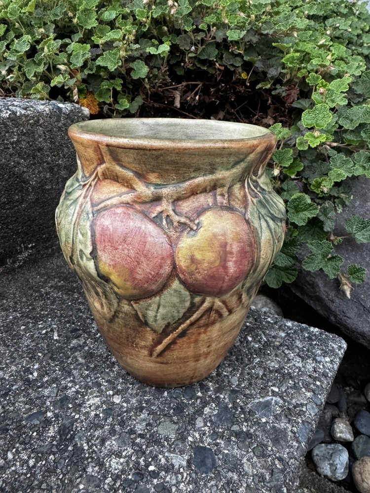 Vintage Weller Pottery Vase Raised Fruit Relief Matte Glaze 7” Excellent