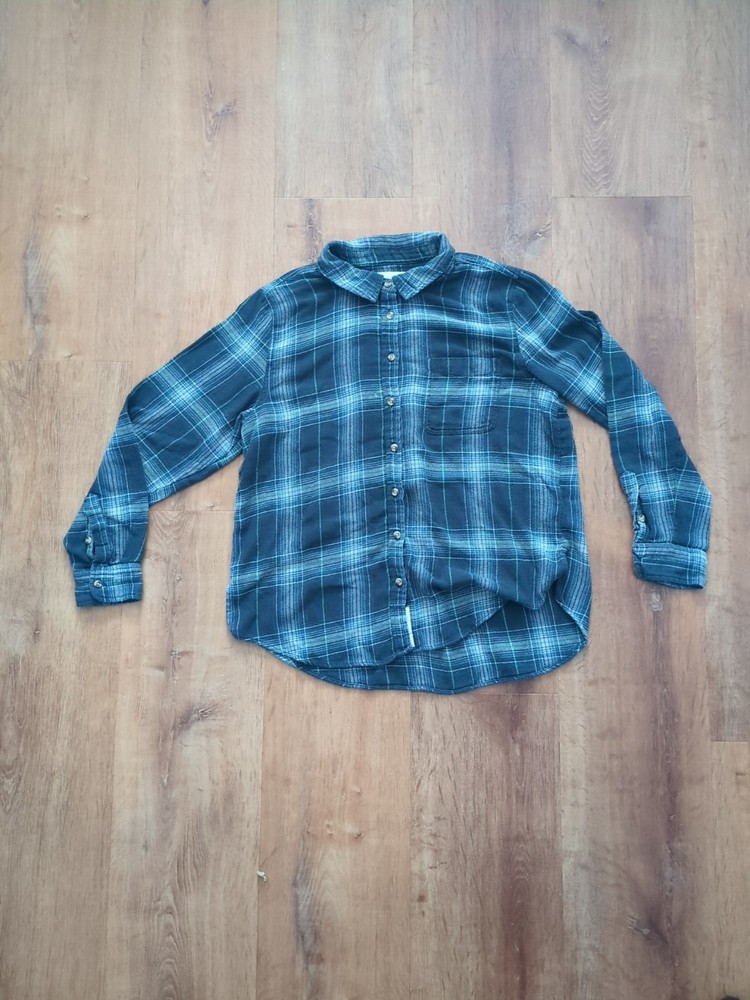 Lucky Brand Size M Women Button Up Shirt Soft lightweight Plaid Blue Teal Colors