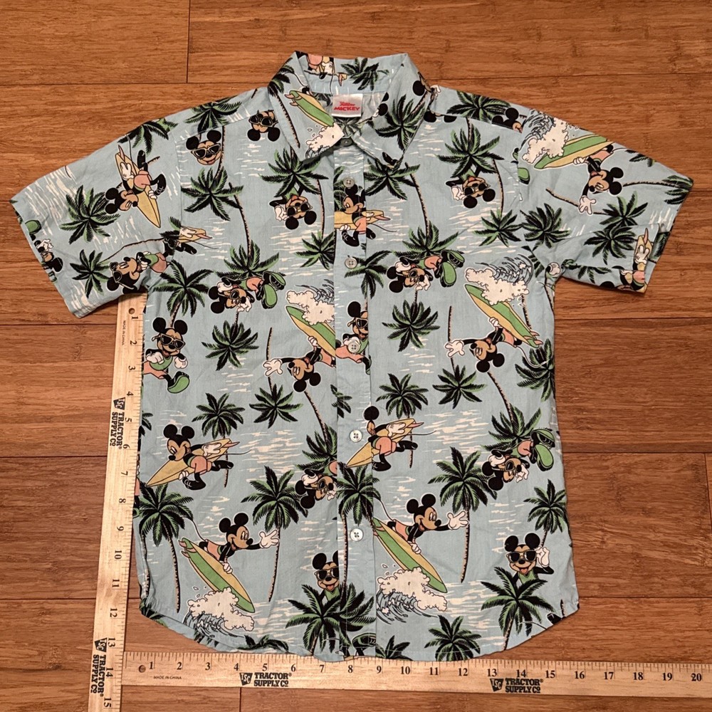 Disney Surfing Button Down Shirt Kids 10/12 Blue Mickey Mouse Palm Tree  Surfing