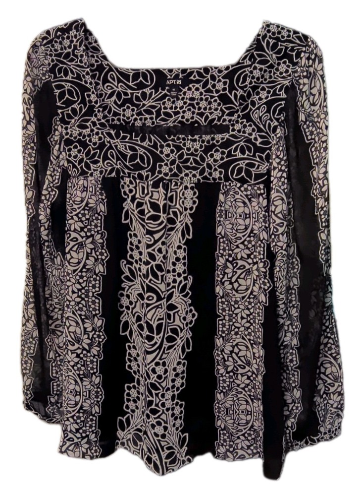 Apt. 9 Women's M Black/White Floral Square Neck Long Sleeve Chiffon Blouse