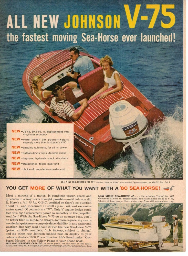 Johnson Sea Horse Outboard Motor V-75 ad 1960 Waukegan IL