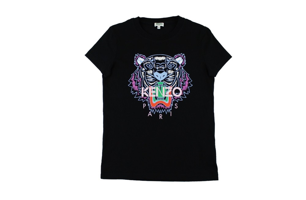 Women's Kenzo Paris Printed Tiger Head Logo Spellout T Shirt Top Tee Black XS S