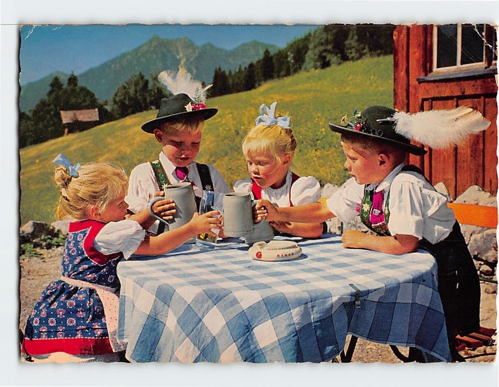 Postcard Children in Traditional Wear Enjoying a Drink