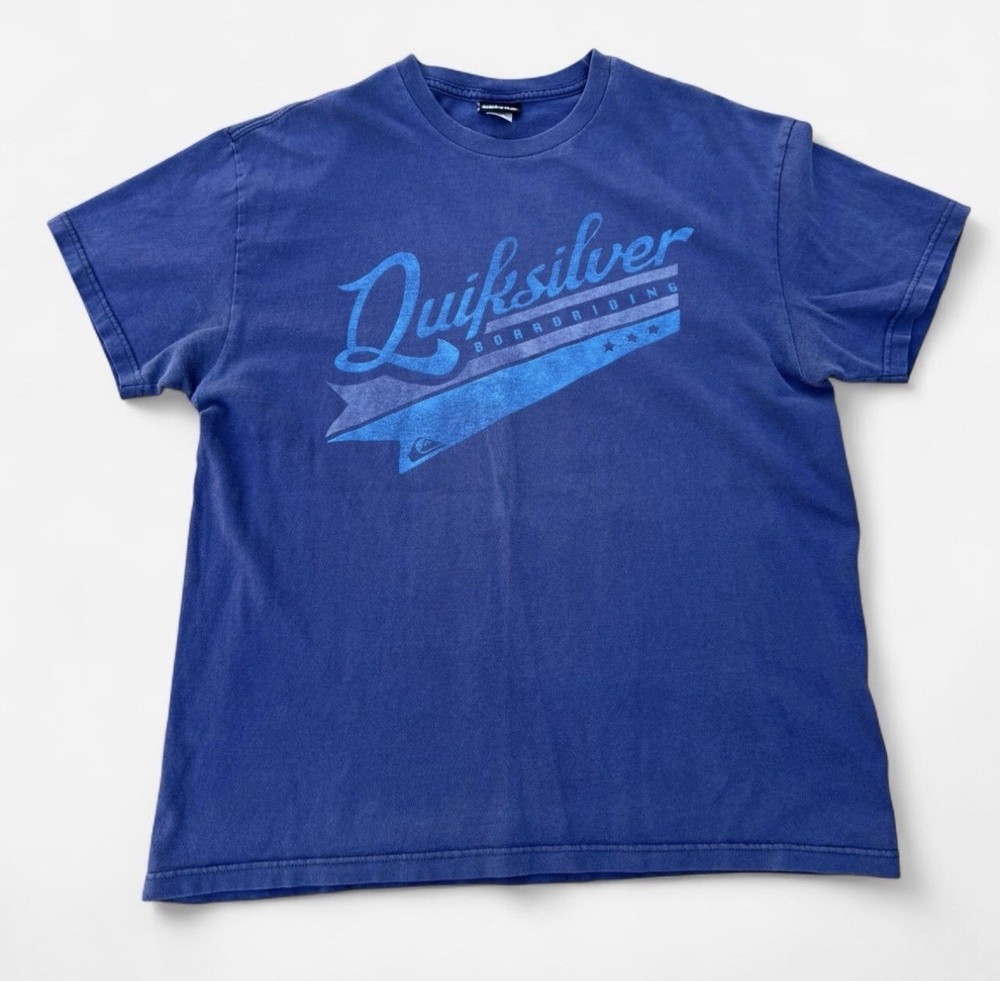 Early Y2K Surf Skate Quiksilver Boarding Blue Graphic Tee Size L