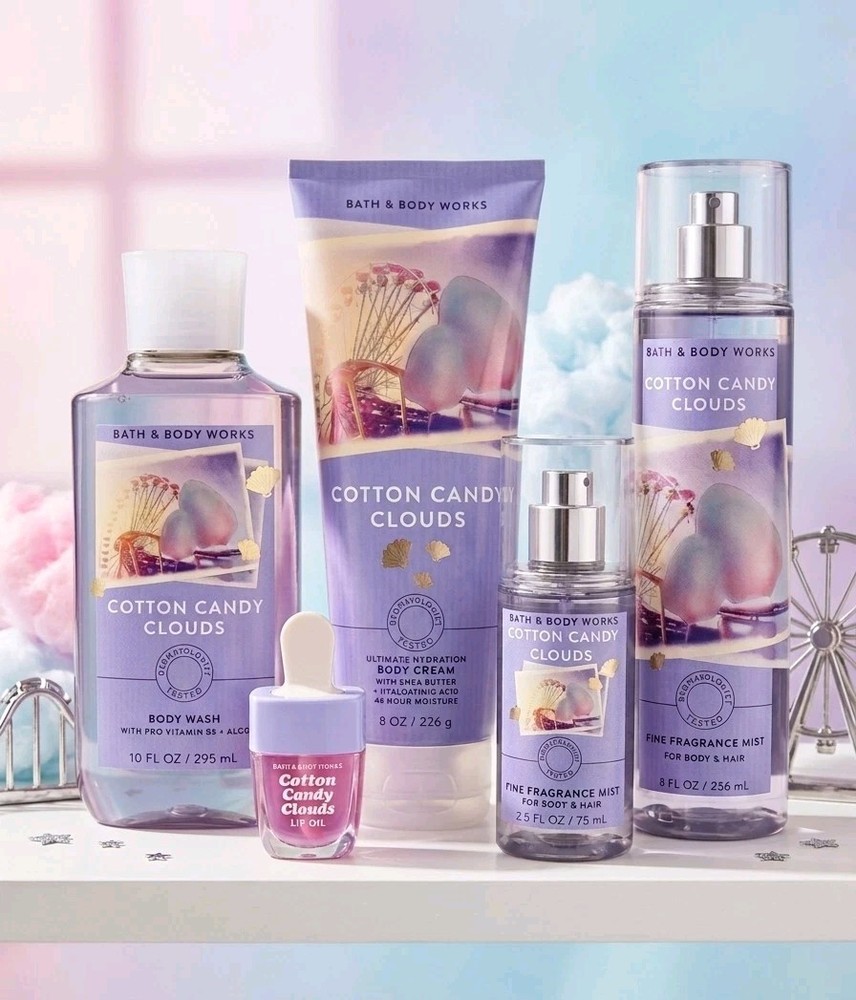 Bath & Body Works Cotton Candy Clouds Gel, Mist, Travel Mist, Cream, Lip Gloss