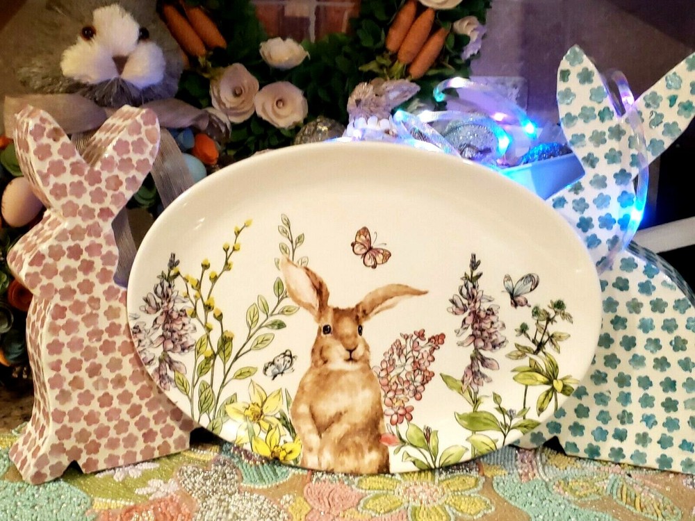 Grace Teaware Ceramic EASTER Bunny Rabbit Floral Butterfly Meadow OVAL Platter
