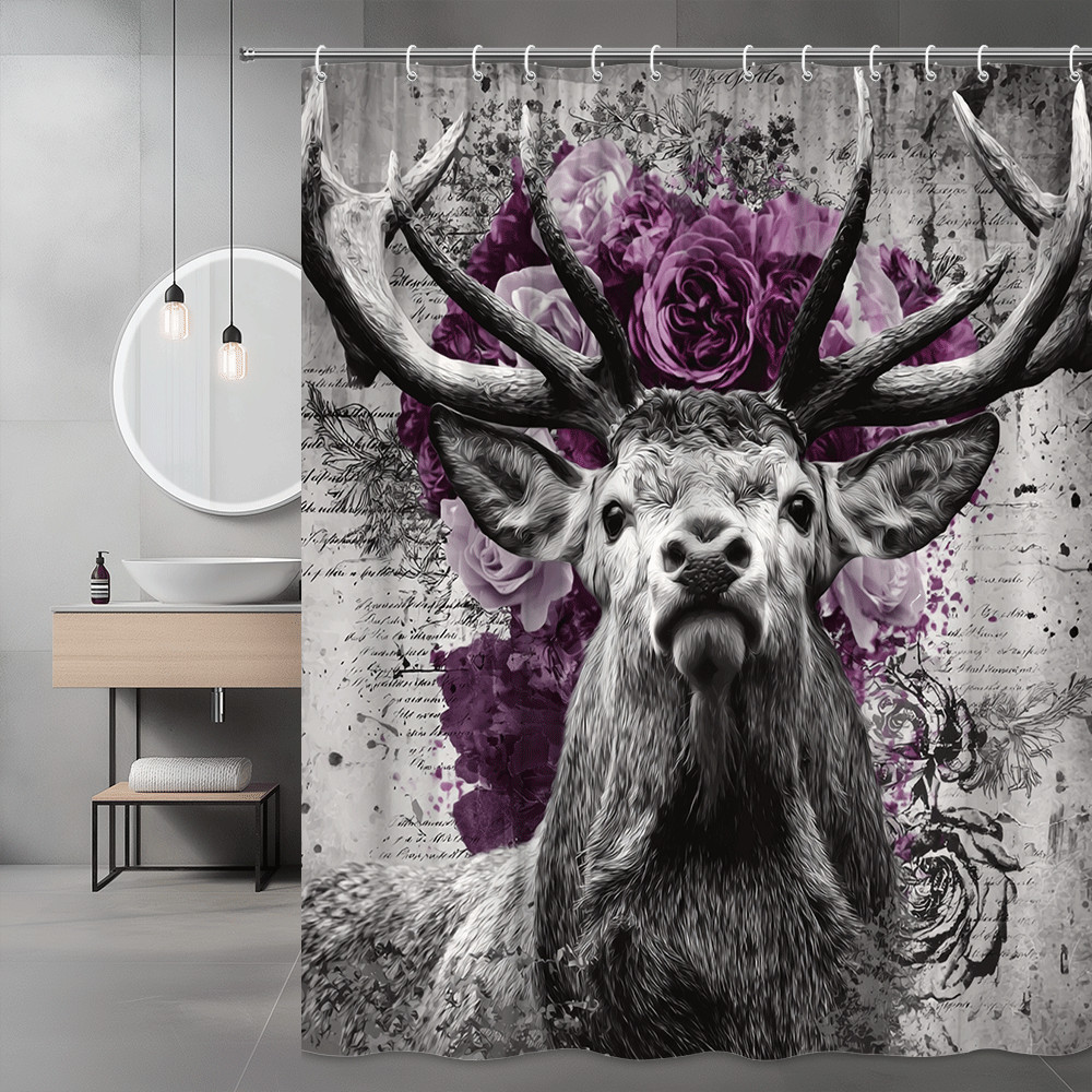 Deer Floral Shower Curtain Black White Purple Graphic Print