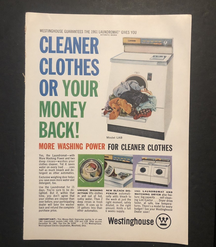 Vintage 1950’s Westinghouse Wash Machine Magazine Ad 0C25 907