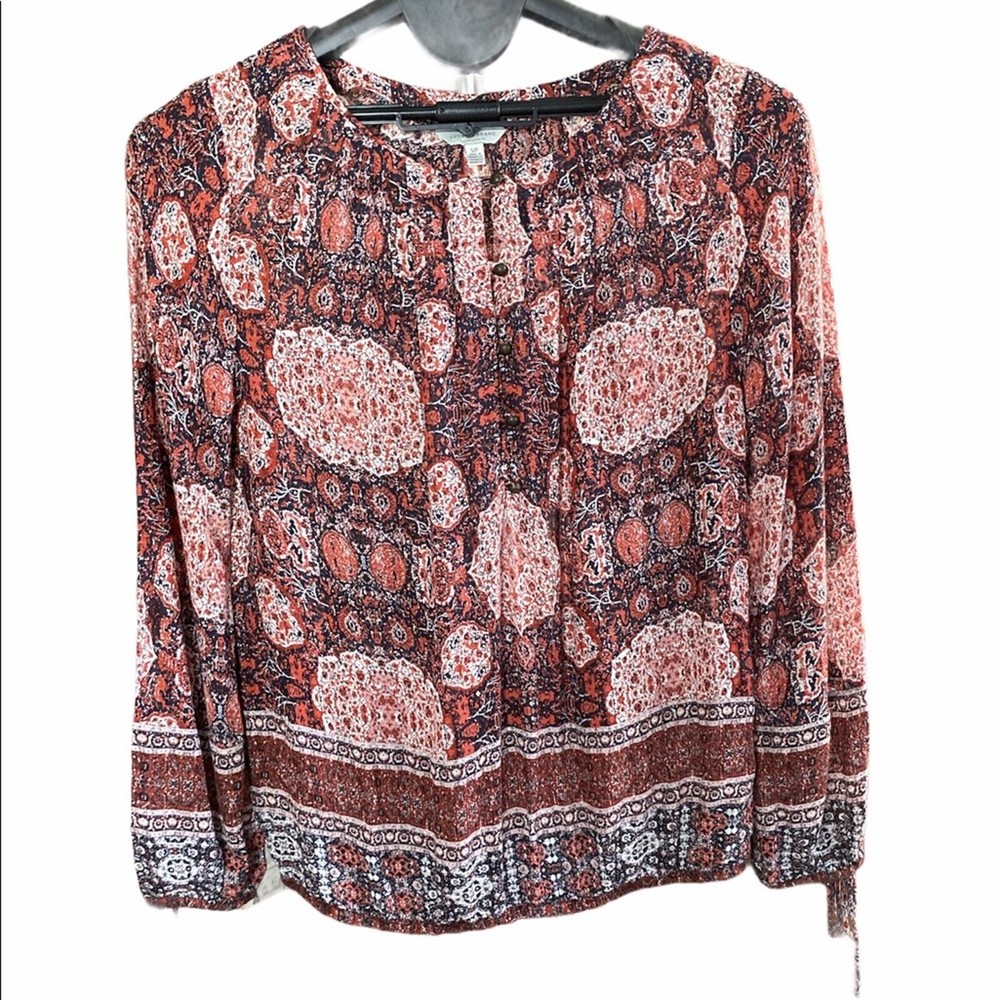 Lucky Brand Red Geometric Print Peasant Blouse Size S Boho Chic Top
