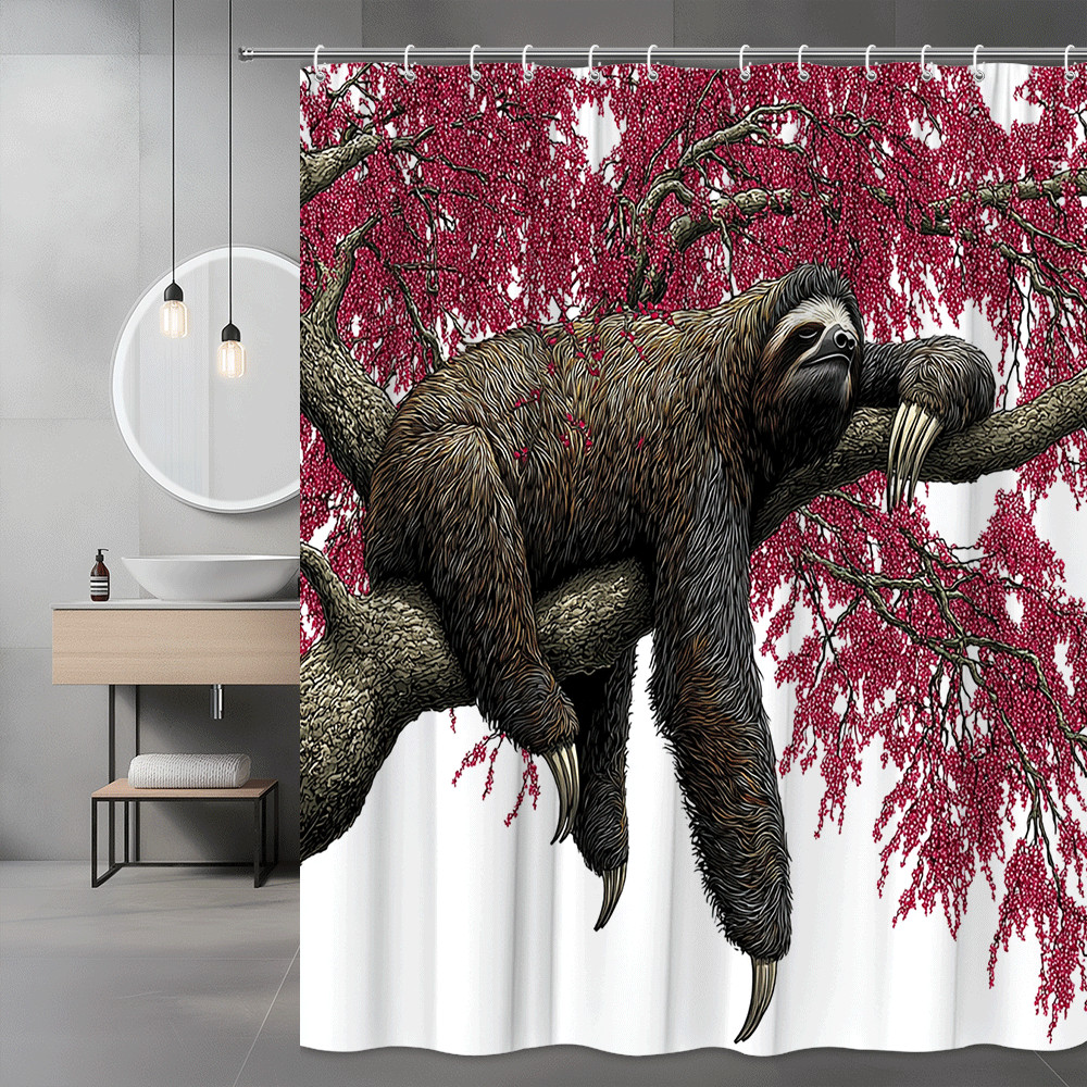 Sloth on Tree Branch Shower Curtain Pink Floral Art