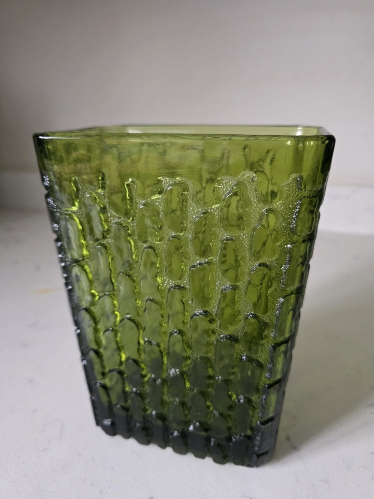 Vintage MCM 1950s Anchor Hocking Avocado Green Textured Glass Vase Rectangle