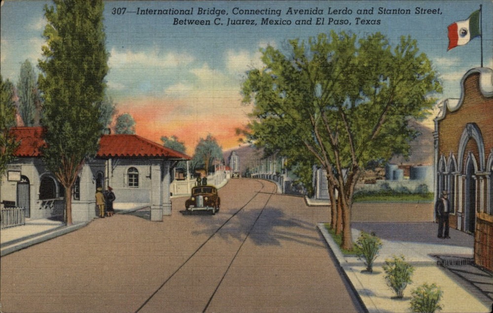 El Paso Texas International Bridge to Mexico 1950s car vintage linen postcard