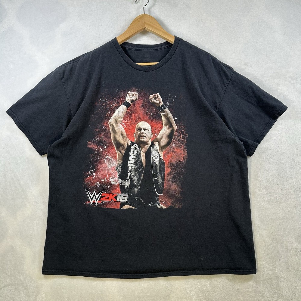 Men’s WWE 2K16 Promo Graphic T Shirt Size 2XL Black Stone Cold Steve Austin