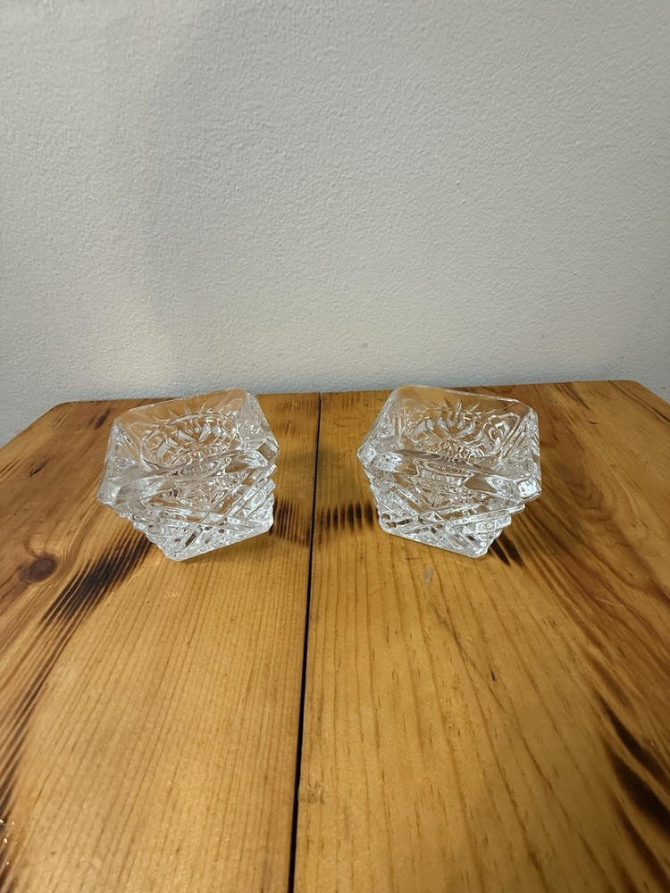 Set of 2 Square Cut Glass Tealight Candle Holders 1.5 In.