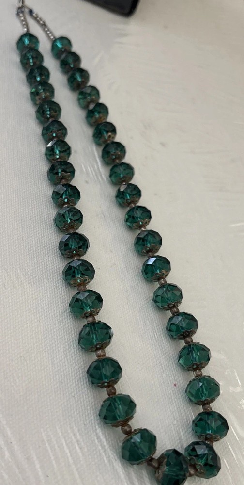 Vintage Style Emerald Green Faceted Glass Bead Necklace w/ Metal Spacer Caps