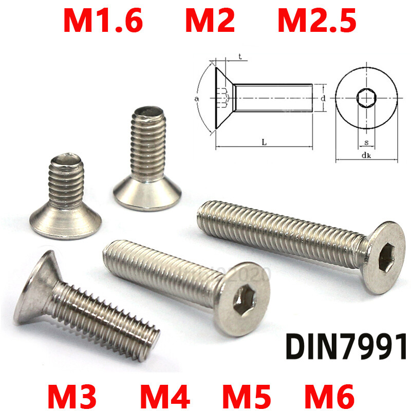 M1.6~M6 Countersunk Bolt Csk Allen Key Socket Screws A2 Stainless Steel Din7991
