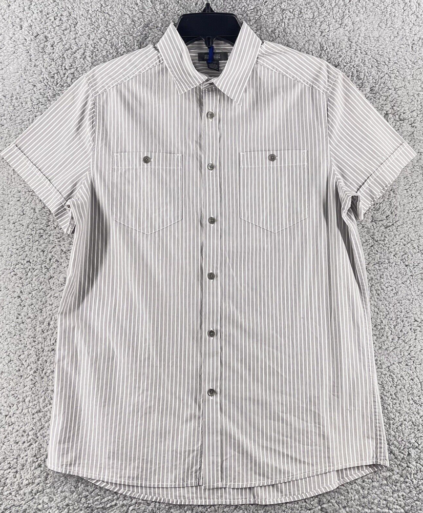 Kenneth Cole Reaction Men's Button Up Shirt Small Gray White Stripes Pockets