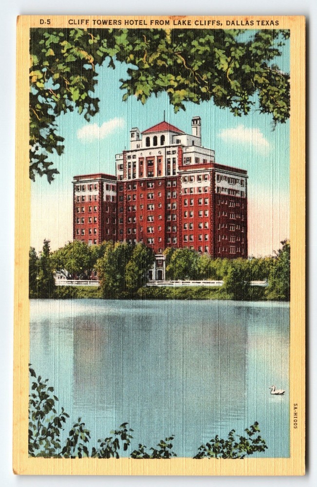 Cliff Towers Hotel From Lake Cliffs Dallas Texas Linen Postcard Curt Teich