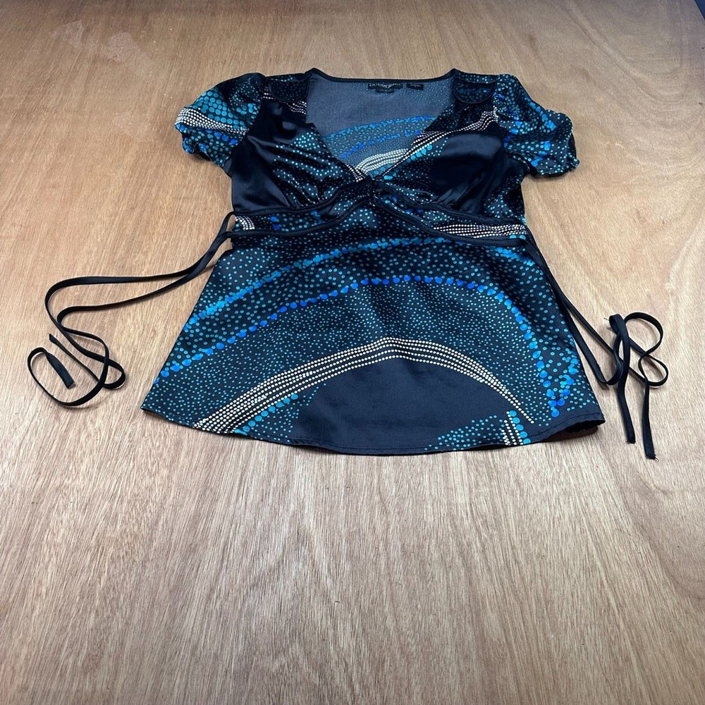 GUESS Jeans Faux Wrap Blouse Small Blue Black Dot Print Tie Back Top