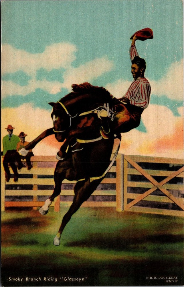 Vintage Rodeo Cowboy Bronc Riding Postcard - Smoky Branch 'Glasseye'
