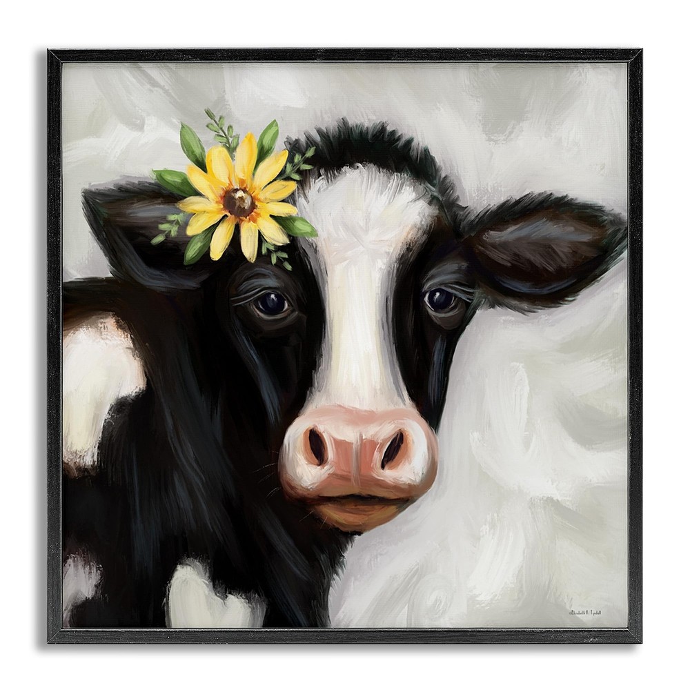 Cow with Yellow Daisy Framed Giclee Art Design by Elizabeth Tyndall