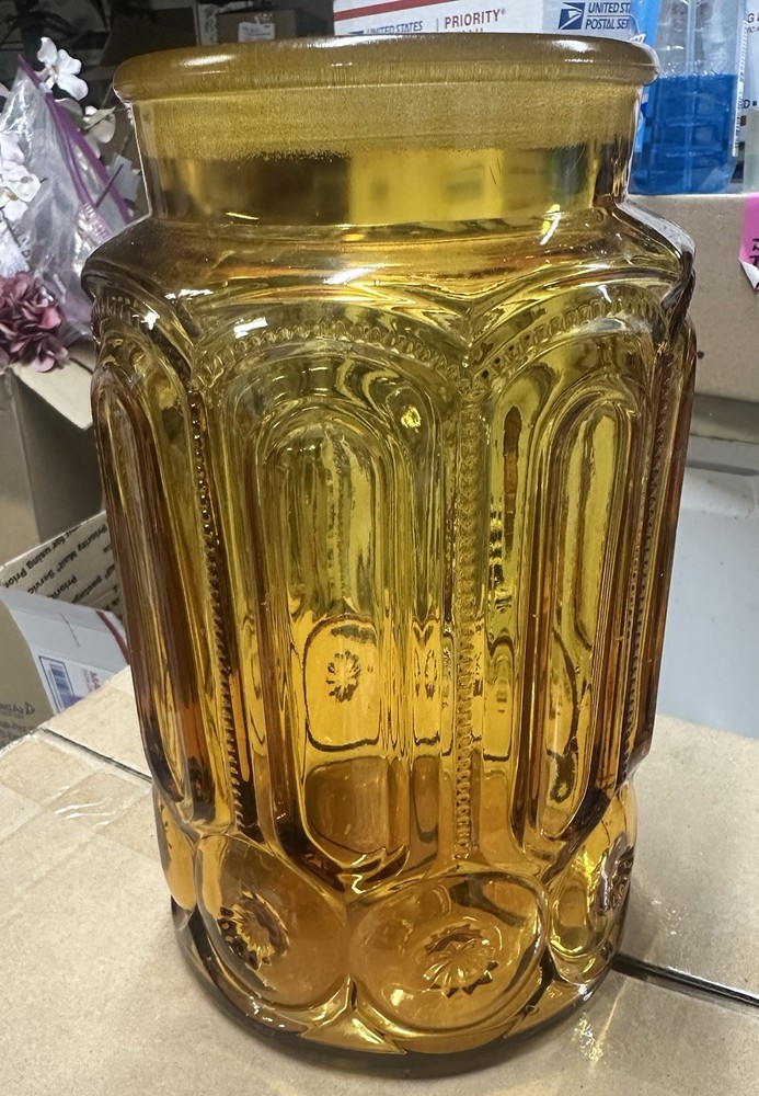 Vintage LE Smith Moon & Stars Amber Glass XL 10” Canister Apothecary Jar No Lid