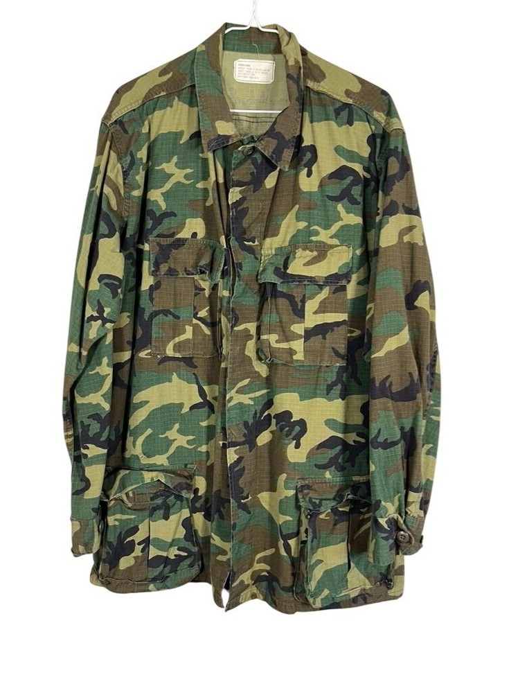 US Military Jacket Men L Long Brown Camo Button Down Vintage Retro Field Combat